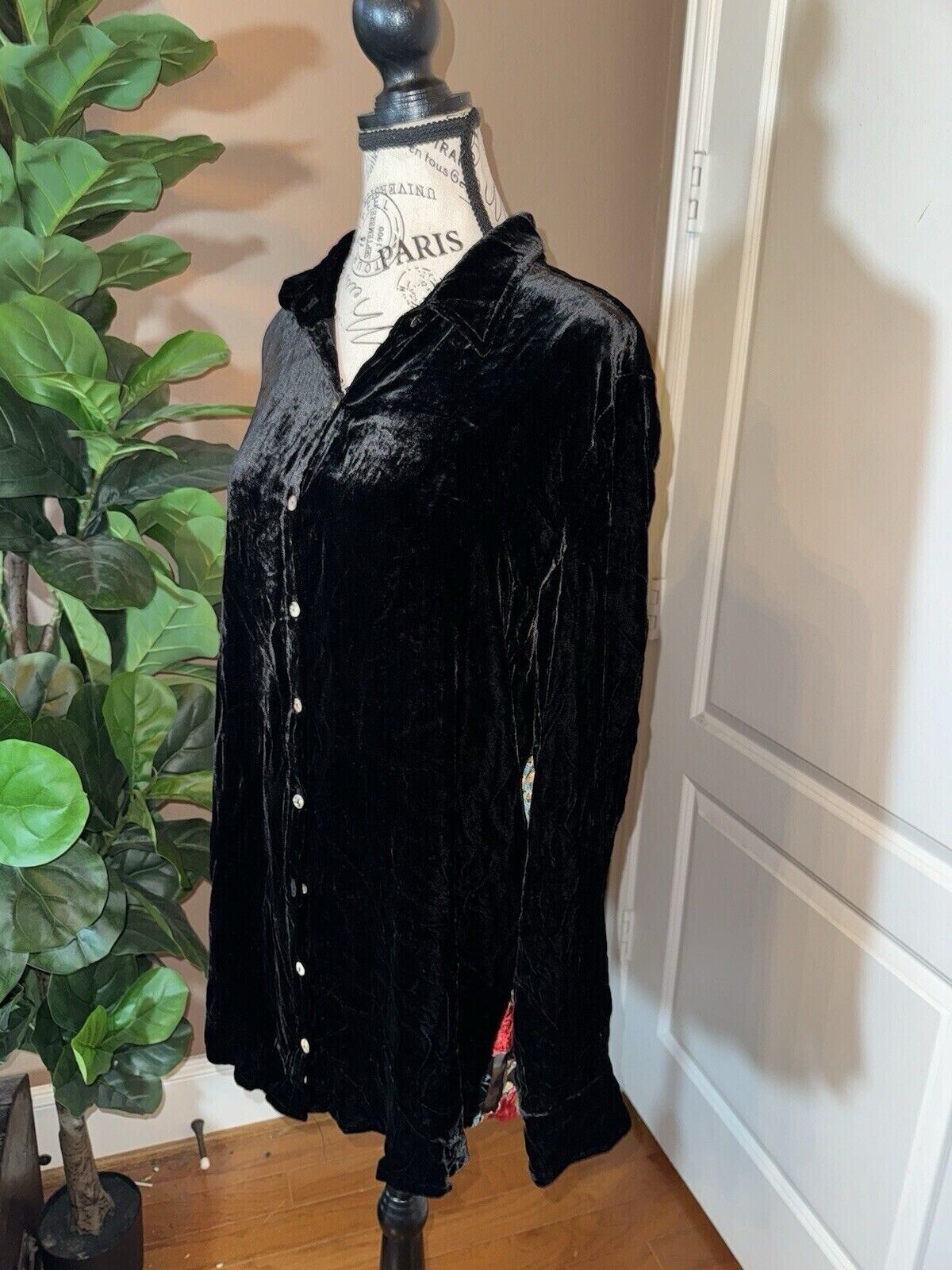 Johnny Was Large BOHO Black Velvet & Silk Button Up Tunic Top STUNNING BACK