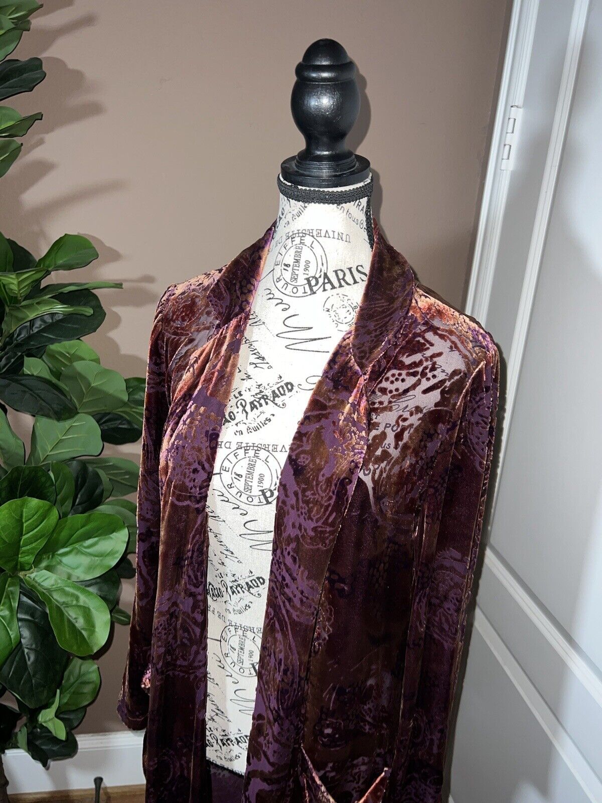 Johnny Was Burnout Velvet Long Kimono Duster Wrap M Medium Burgundy Wine Classic