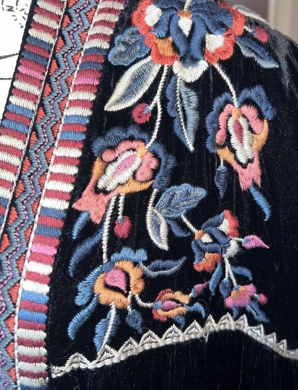 Johnny Was L Large Long Black Velvet Kimono Wrap Jacket Duster Oversized Aztec Johnny Was
