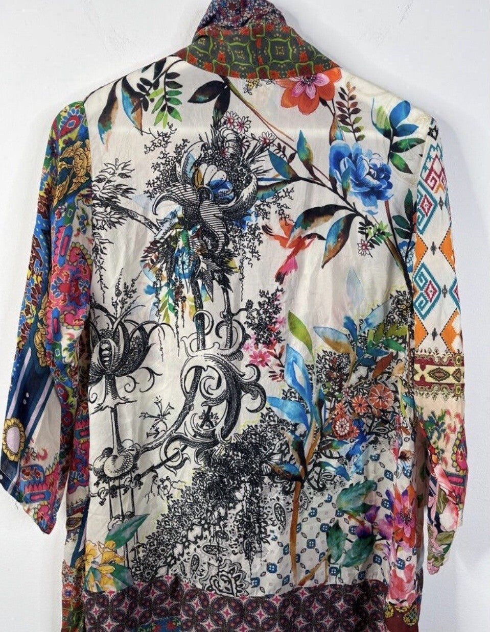 Johnny Was L Silky Kimono Wrap Patchwork Duster Jacket Cool Lightweight BOHO Johnny Was