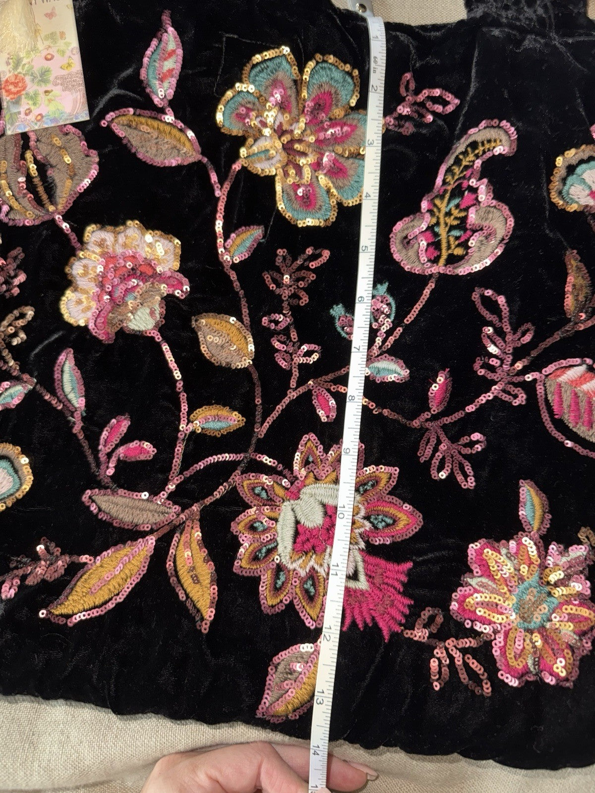 Johnny Was Large Black Velvet & Sequin Hobo Bag Tote Purse Embroidered Crossbody Johnny Was