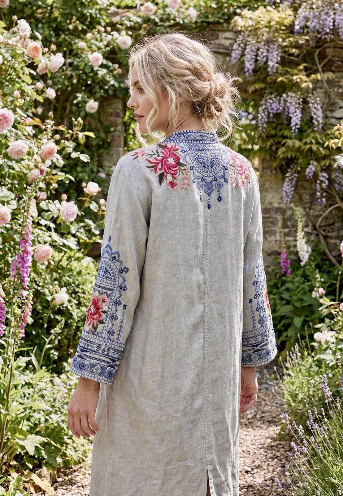 Johnny Was Grey XL Long Kimono Duster Coat Embroidery Linen MISSING BELT Johnny Was