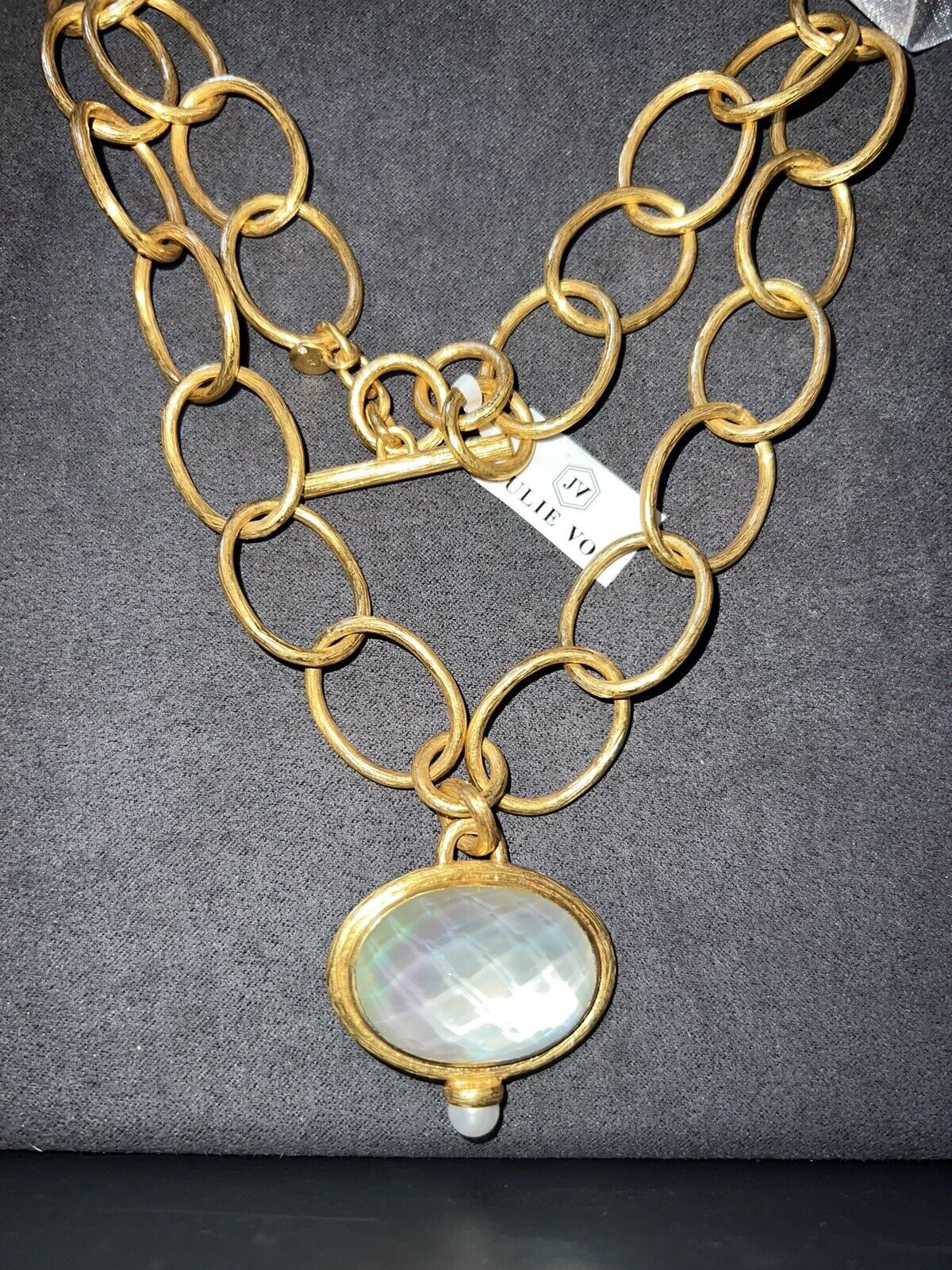 Julie Vos Statement Necklace Iridescent White Pendant 24k Plate Toggle Link