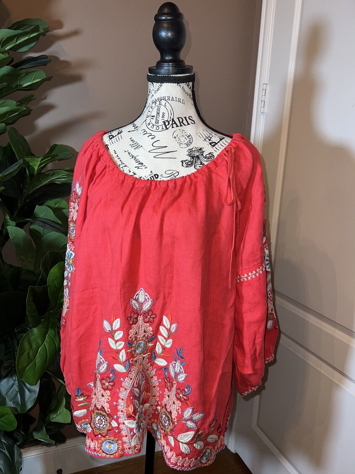 Johnny Was XL 1X 1XL Linen Kimono Sleeve Peasant Top Floral Embroidered