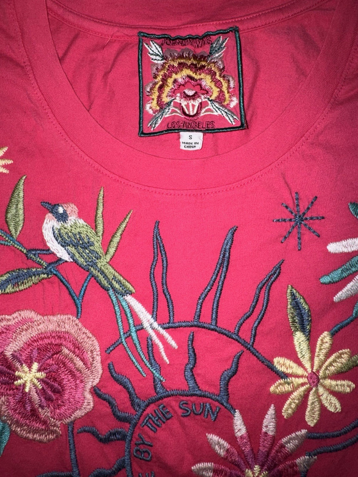 Johnny Was S Small Pink Cap Sleeve Tee T-Shirt Embroidered Bohemian *FLAWS* READ Johnny Was