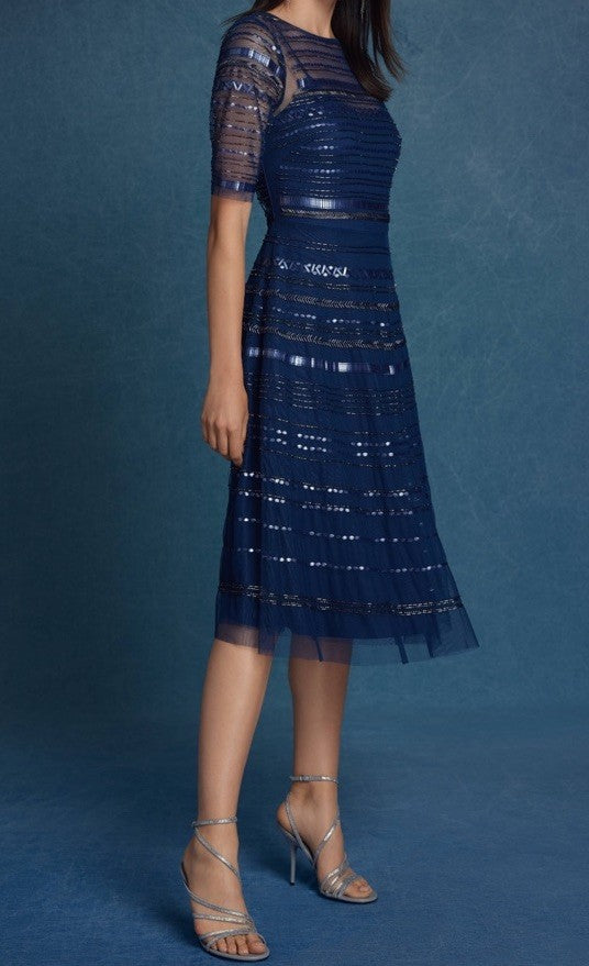 Johnny Was Sz 14 Blue Beaded Mesh Cocktail Party Dress $625 Retail Blk Label Johnny Was