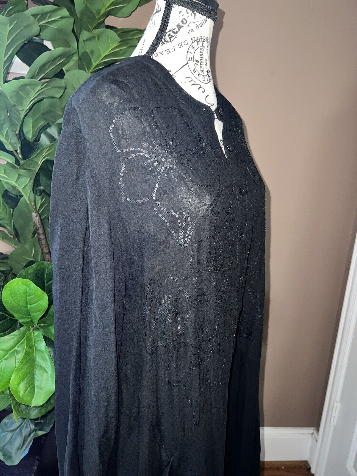 Johnny Was Black XL 1X Maxi Dress Long Flowy Handkerchief Hem Sequins