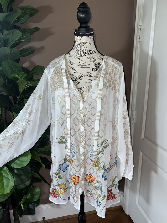 Johnny Was Beautiful Floral Embroidered White Button Up Tunic Top XL 1X