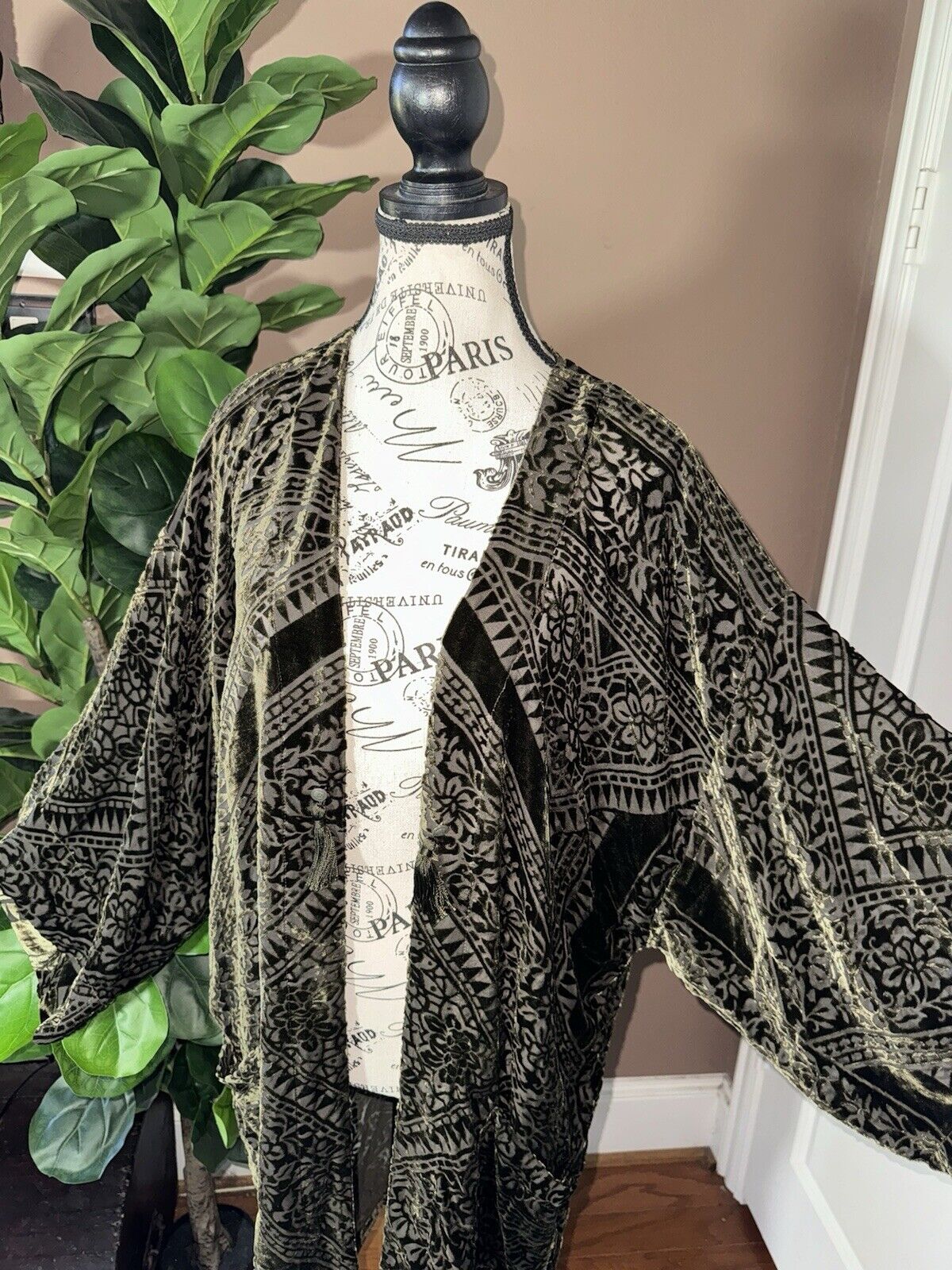 Johnny Was XL Deep Green Burnout Velvet Long Kimono Duster Wrap Jacket