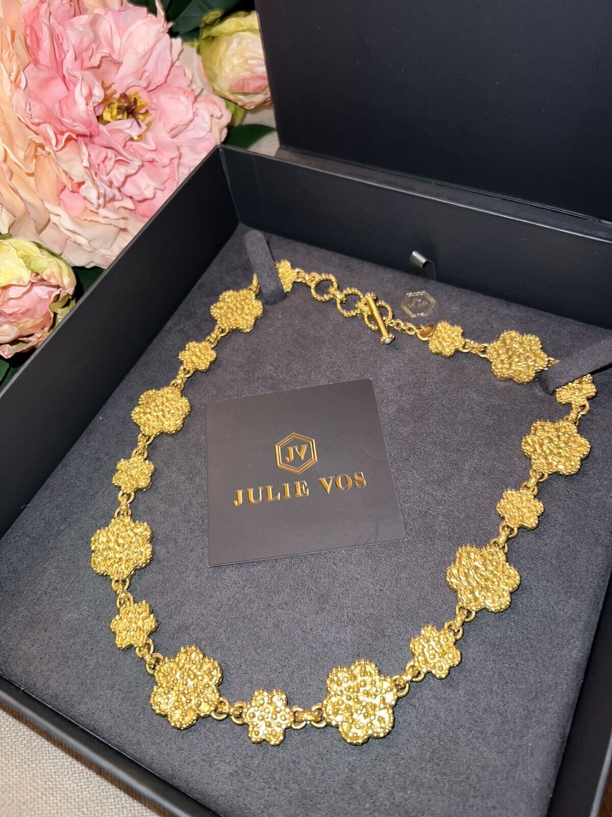 Julie Vos Flower Statement Necklace Toggle Link 24k Gold Plated Chain