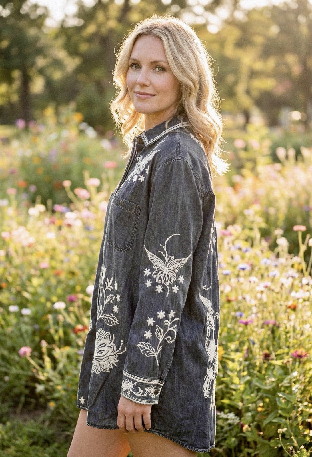 Johnny Was L Denim Chore Jacket Shacket Coat Black Grey Wash Embroidered Johnny Was