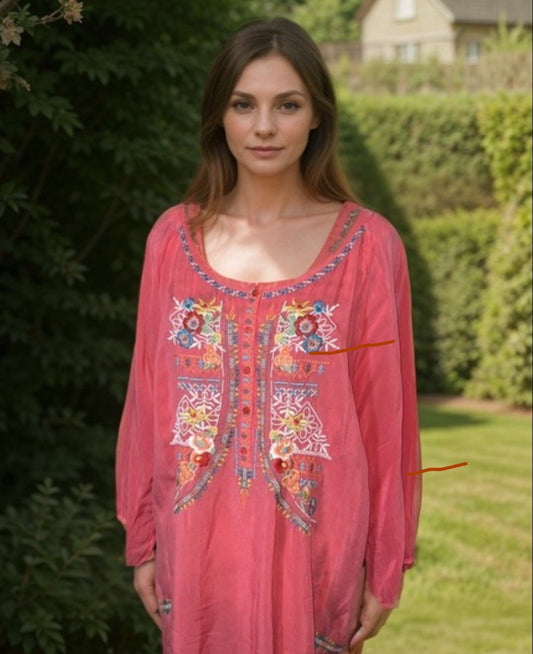 Johnny Was Sz XL Silky Soft Cool Pink Tunic Top Blouse Lightweight Embroidery Johnny Was