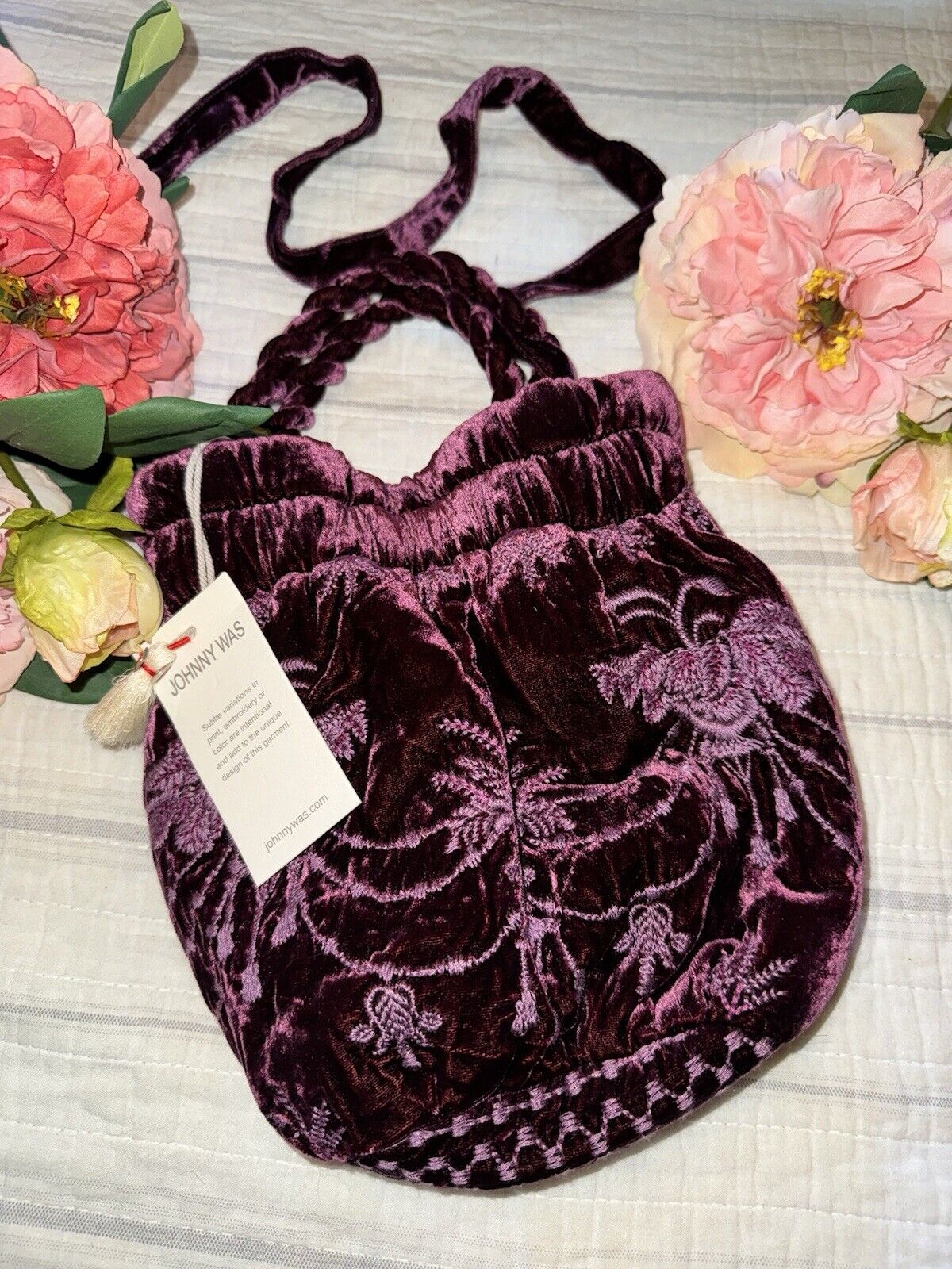 Johnny Was Plum Velvet Embroidered Hobo Bag Tote Purse Purple Crossbody