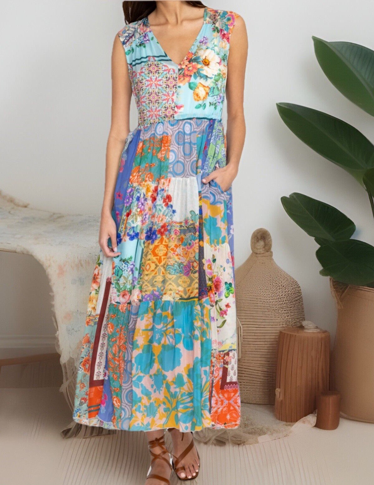 Johnny Was 1XL 1X Maxi Dress Sleeveless Patchwork Floral Pattern Tassel BOHO Johnny Was