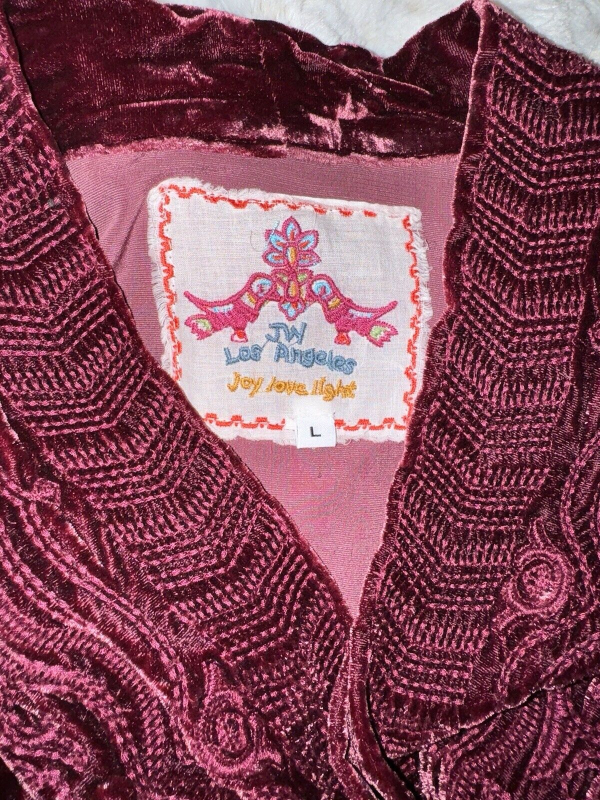 Johnny Was L Deep Wine Red Velvet Kimono Wrap Cardigan Tonal Embroidery