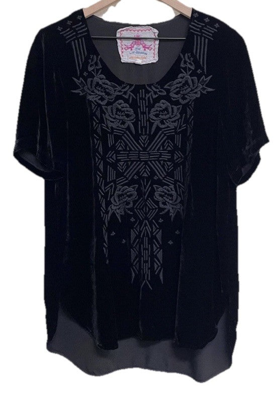 Johnny Was L Large Black Velvet Tunic Top Blouse  Tonal Embroidery Shirt Johnny Was