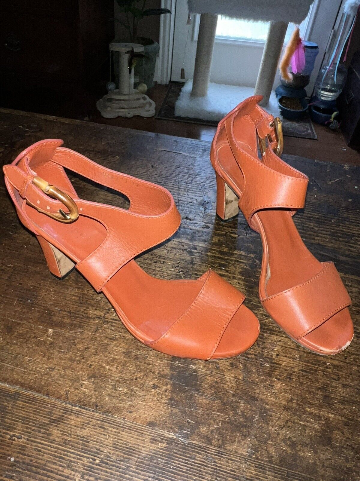 Gucci Vintage Leather and Bamboo Heels Orange Red Shoes sz 37 AUTHENTIC