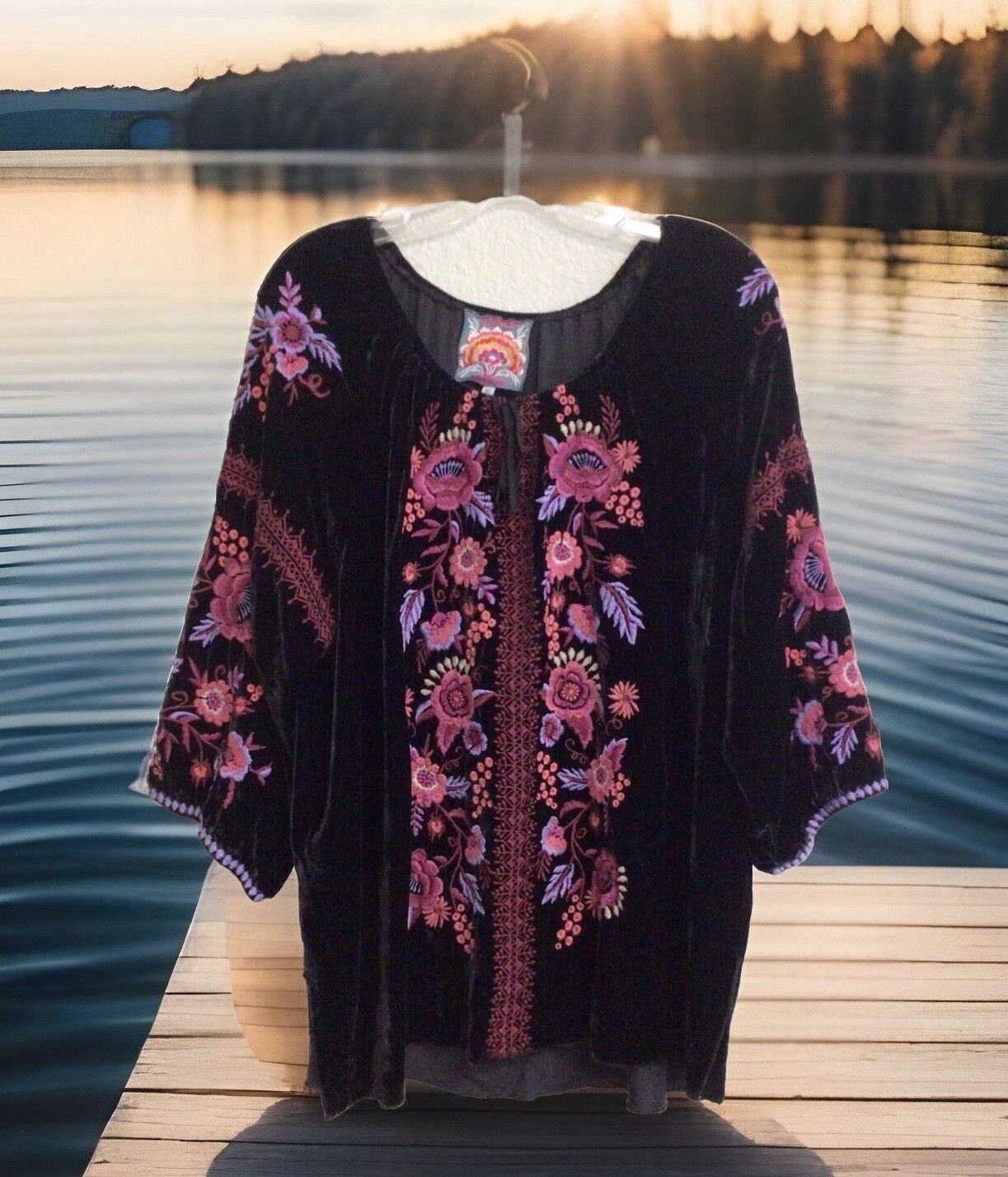 Johnny Was Black & Pink Velvet Heavily Embroidered Tunic Top XL 1X Peasant