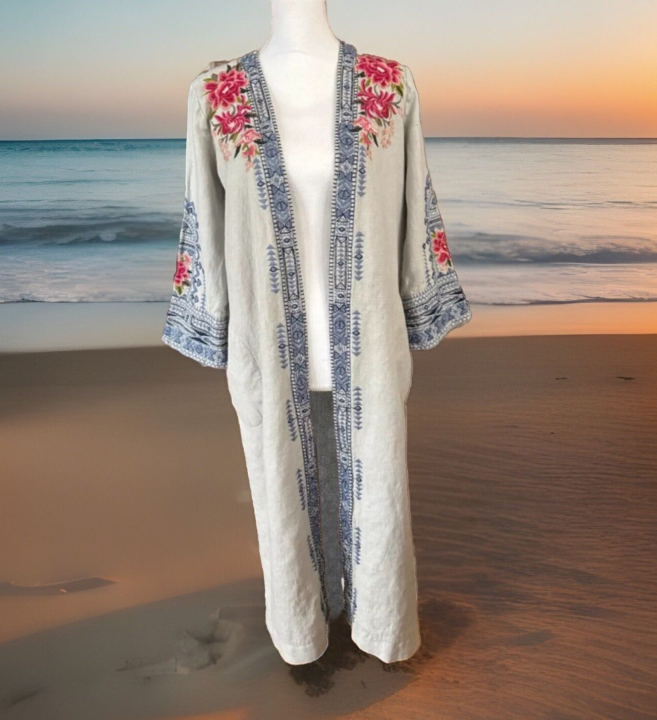 Johnny Was Grey XL Long Kimono Duster Coat Embroidery Linen MISSING BELT Johnny Was