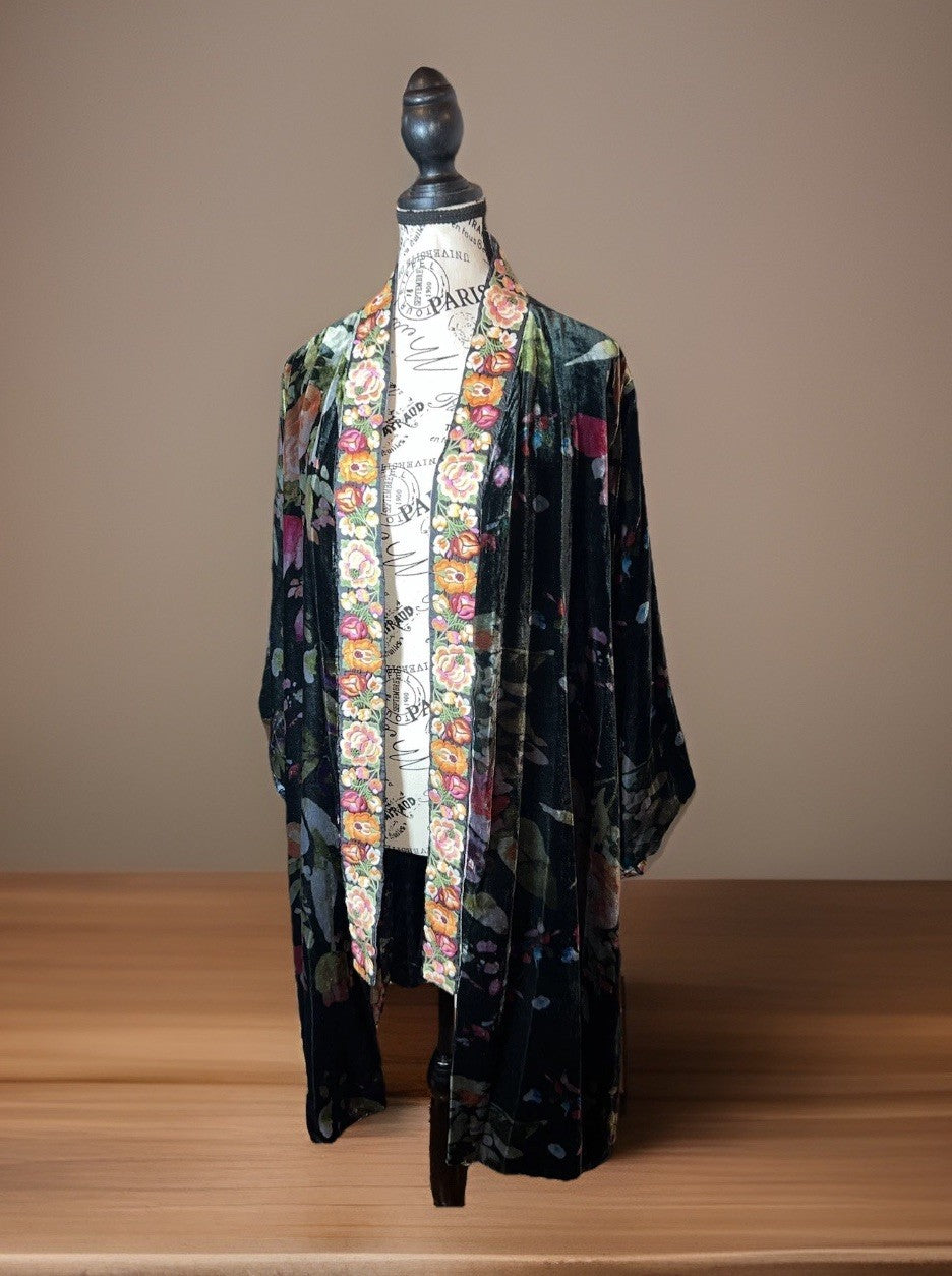 Johnny Was 1X Velvet & Silk Kimono Wrap REVERSIBLE Jewel Tones Floral Jacket Johnny Was