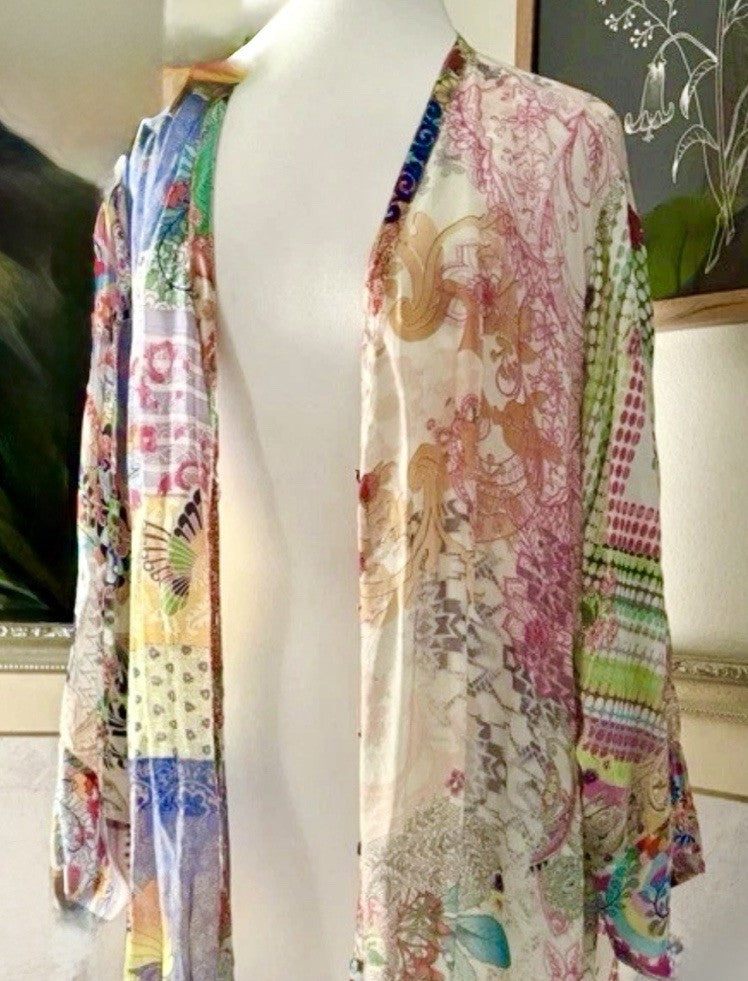 Johnny Was 3X Plus Button Up Shirt Dress Silky Tunic Kimono Patchwork Pattern Johnny Was