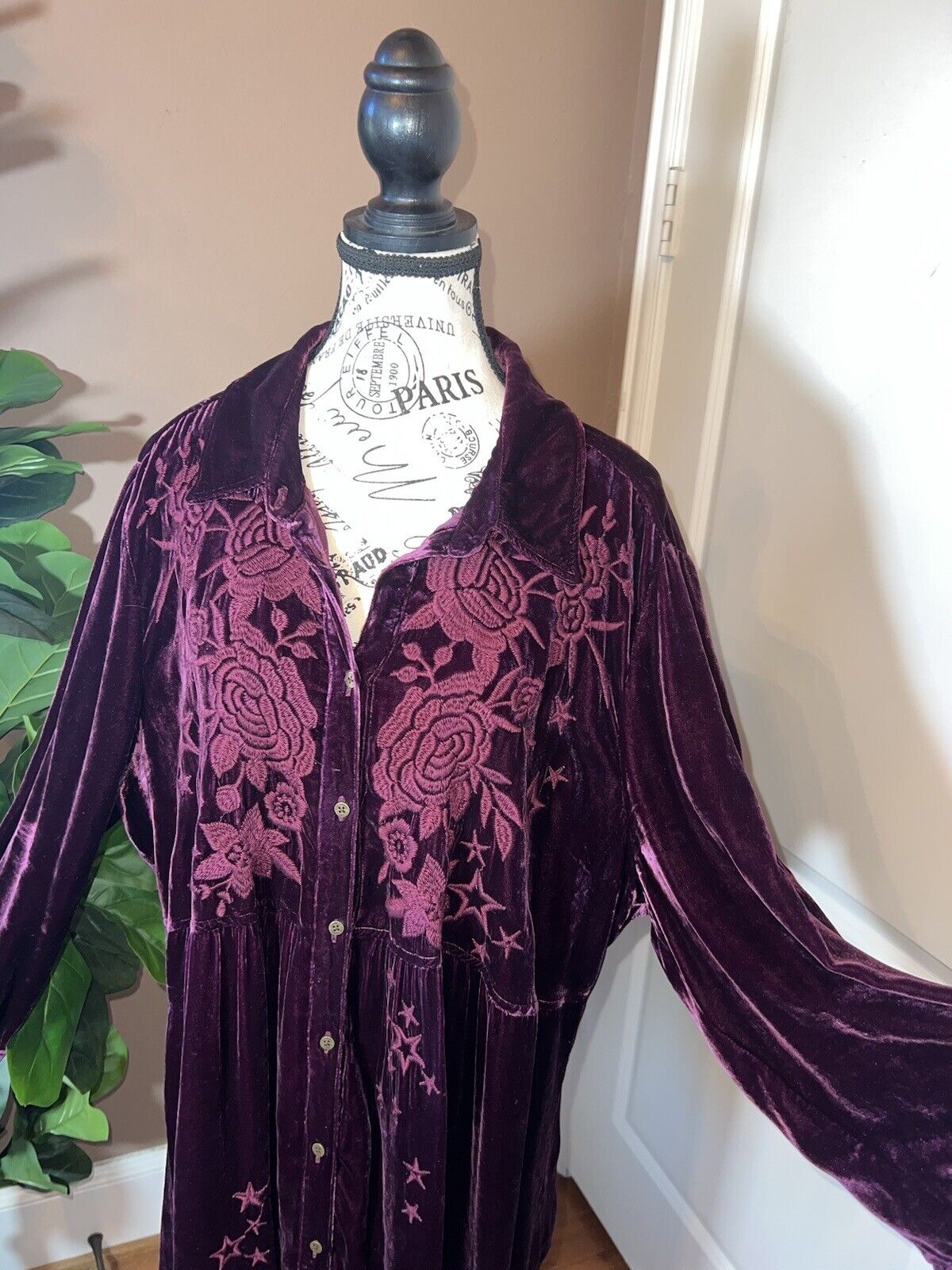 Johnny Was Burgandy Wine Velvet & Embroidered Tunic Top Kimono Sz XXL