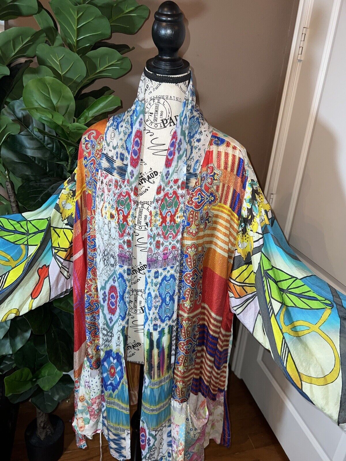 Johnny Was L Large 100% Silk Kimono Wrap Jacket Cardigan Duster Colorful