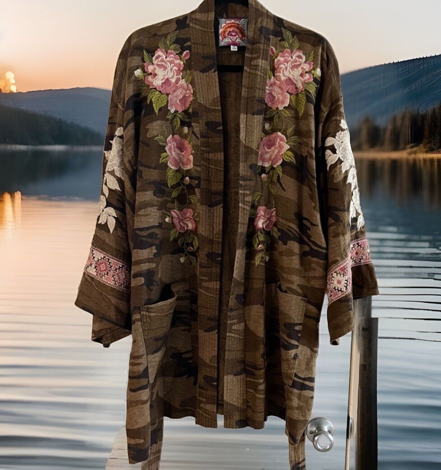 Johnny Was Medium Linen Camo Embroidered Kimono Duster Top Wrap Coat Jacket