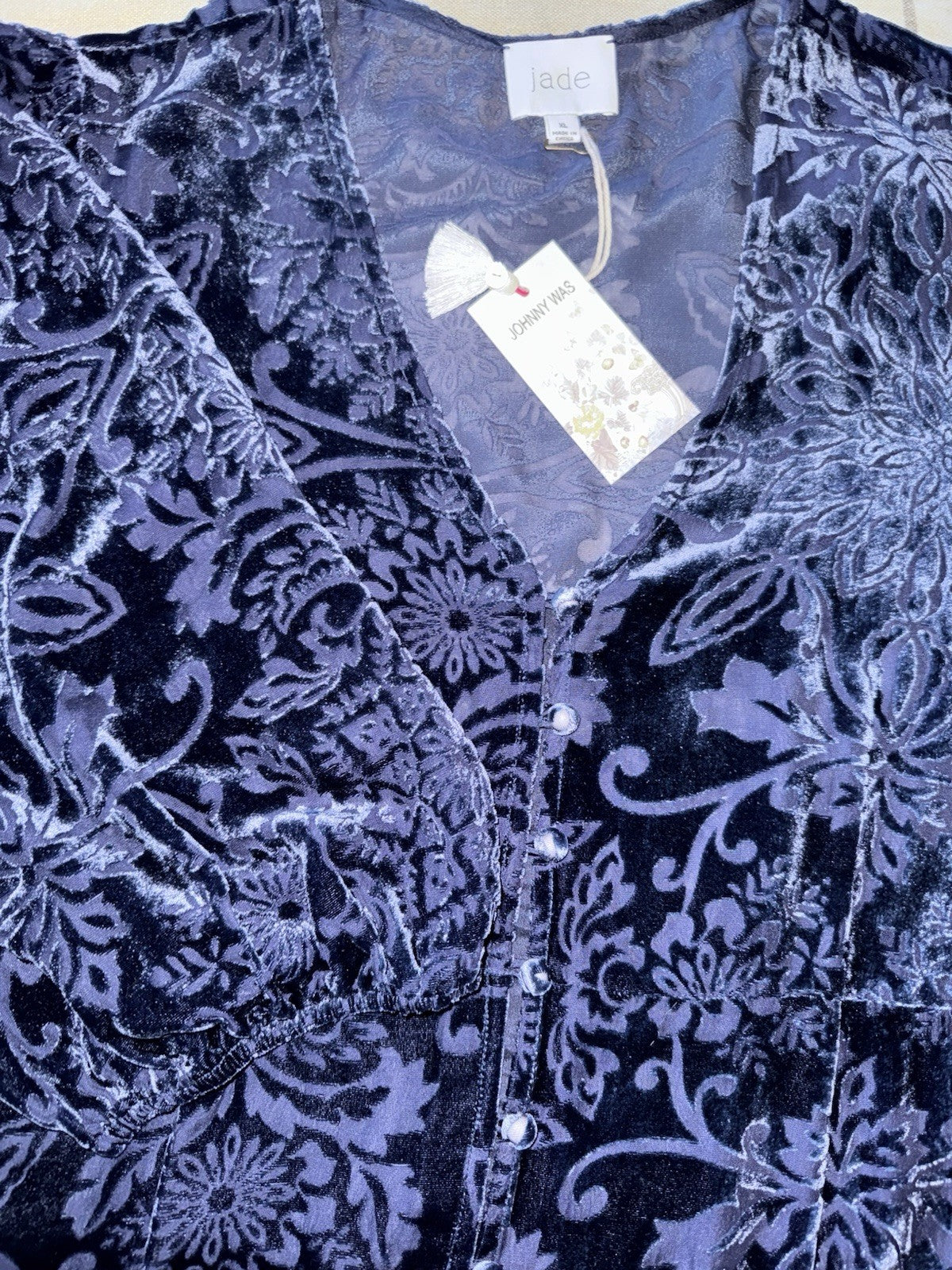 Johnny Was XL Midnight Blue Velvet Burnout Shift MIDI Dress Lightweight Johnny Was