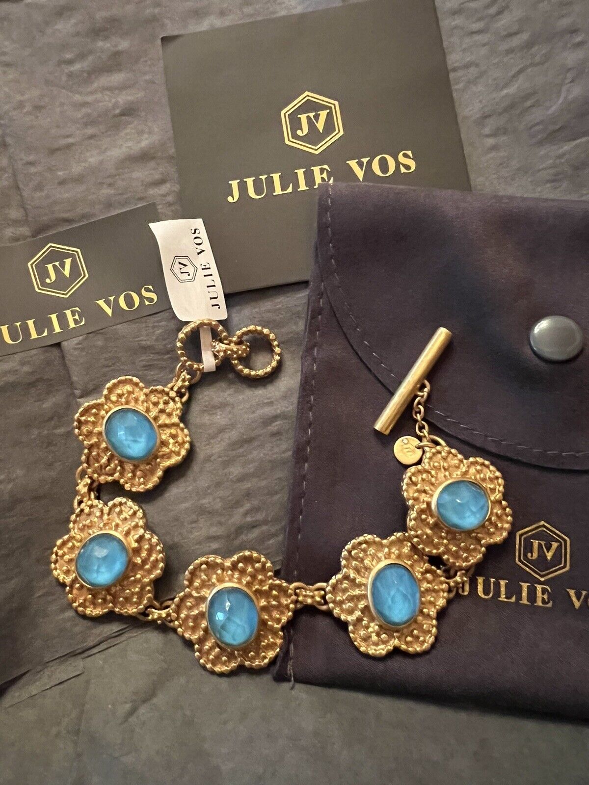 NEW Julie Vos Flower Link Bracelet Toggle & Pacific Blue Iridescent Glass NWT