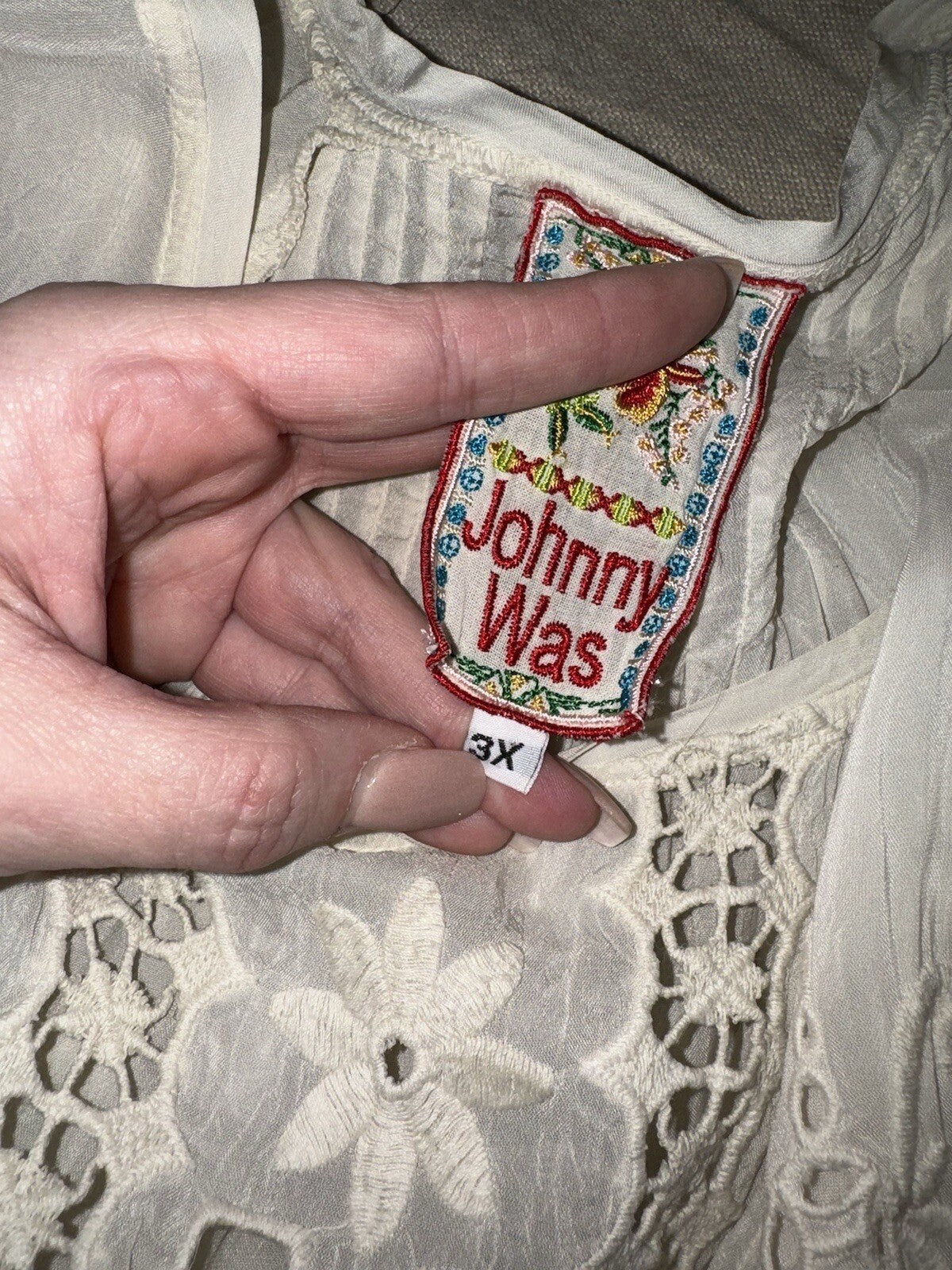 Johnny Was 3X Ivory Long Sleeve Tunic Top Blouse Shirt Off White Eyelet Lace Johnny Was