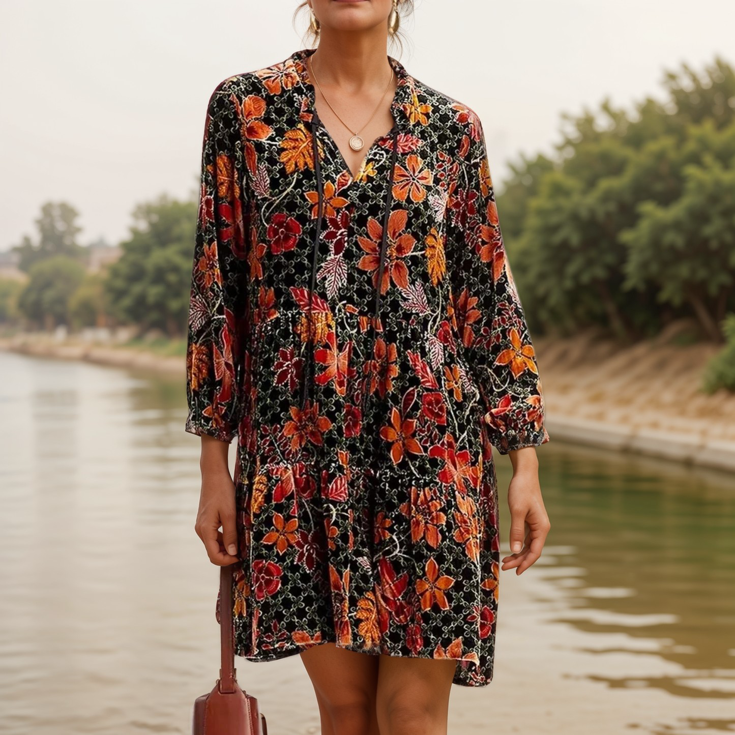 JOHNNY WAS L Velvet Tiered Mini DRESS Babydoll Tunic Top BOHO Beaded Tassels Johnny Was