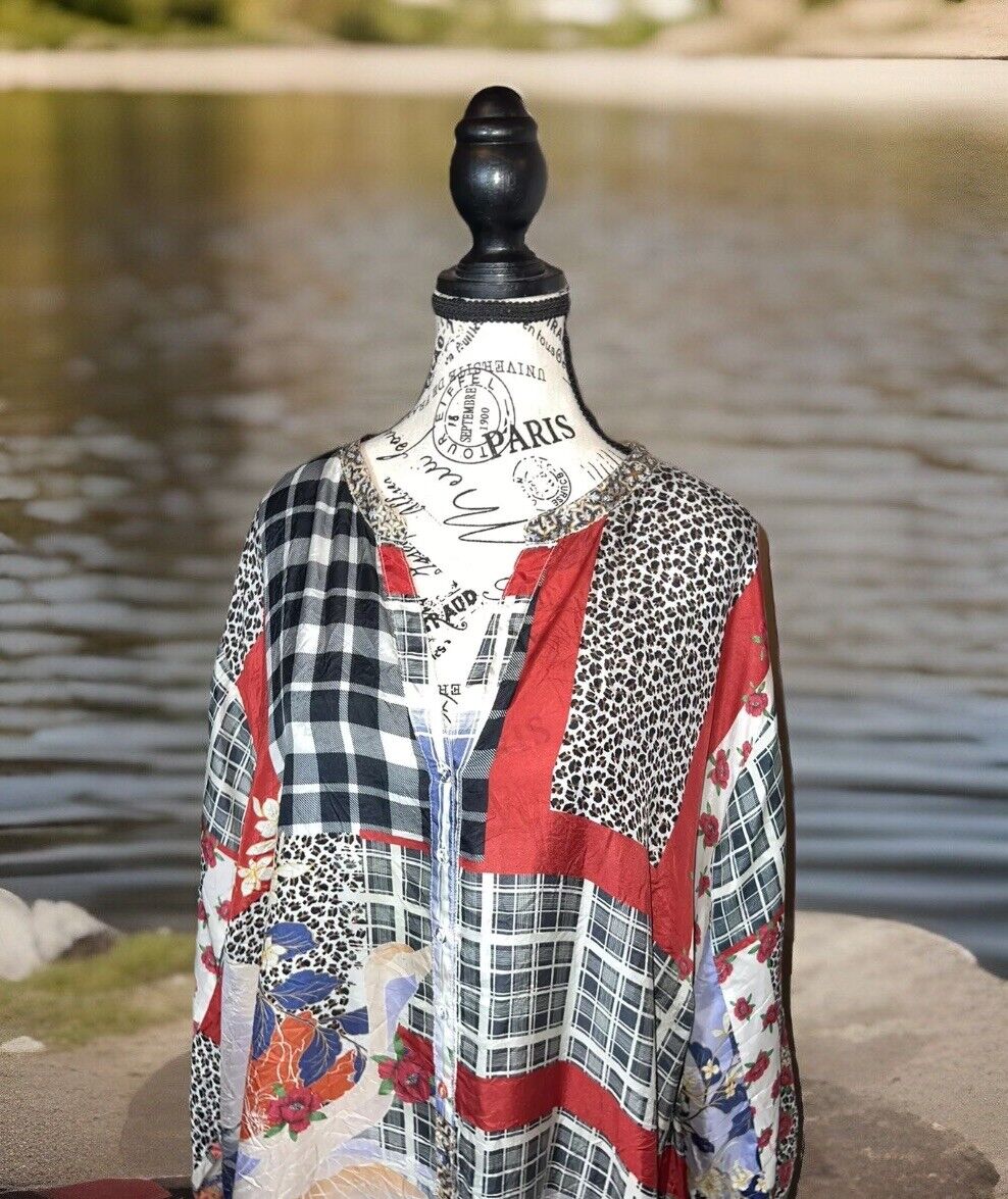 Johnny Was 3X 3XL 100% Silk Tunic Top Kimono Crane & Plaid Patchwork