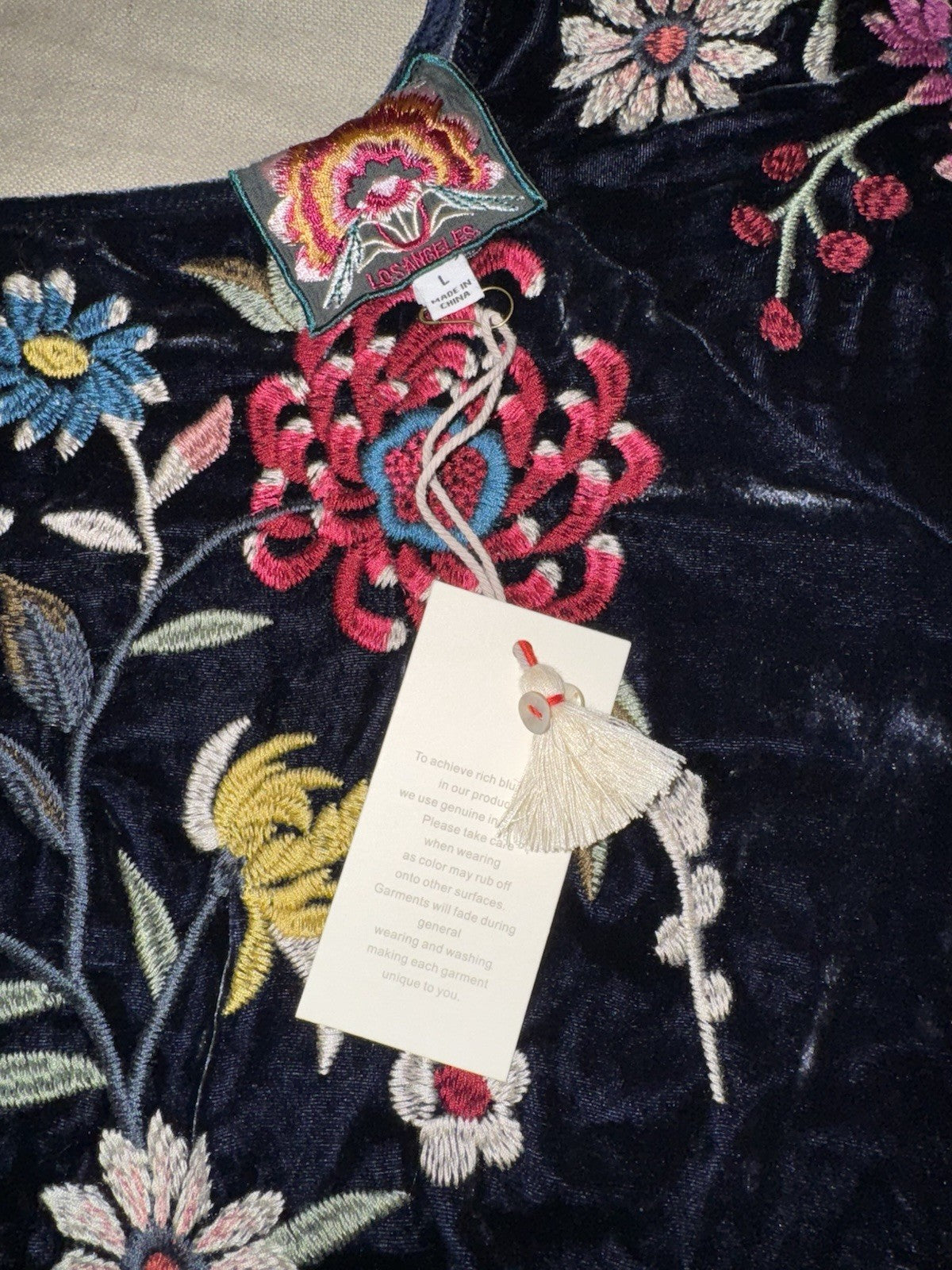 JOHNNY WAS L Dark Midnight Blue Velvet Midi Dress Tiered Embroidered Maxi Johnny Was