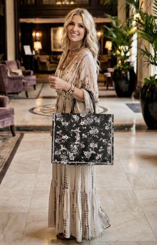 Johnny Was Black & White Coated Canvas Dreamer Bag Purse Tote $428 Retail Johnny Was