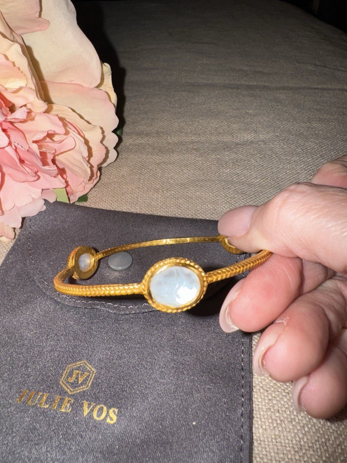 Julie Vos Large Sz Iridescent Clear 3 Station Bangle Bracelet 24k Gold Plate Julie Vos