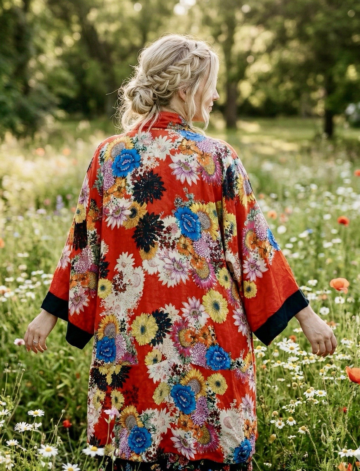 Johnny Was XXL 100% Silk Kimono Red & Black Floral Wrap Lightweight Cool Jacket Johnny Was