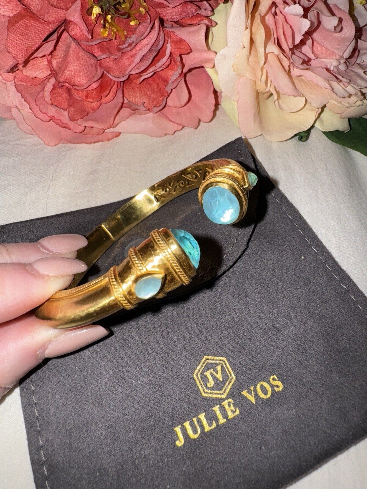 NEW Julie Vos Iridescent Blue Hinged Bangle Cuff Bracelet 24k Plated NWOT