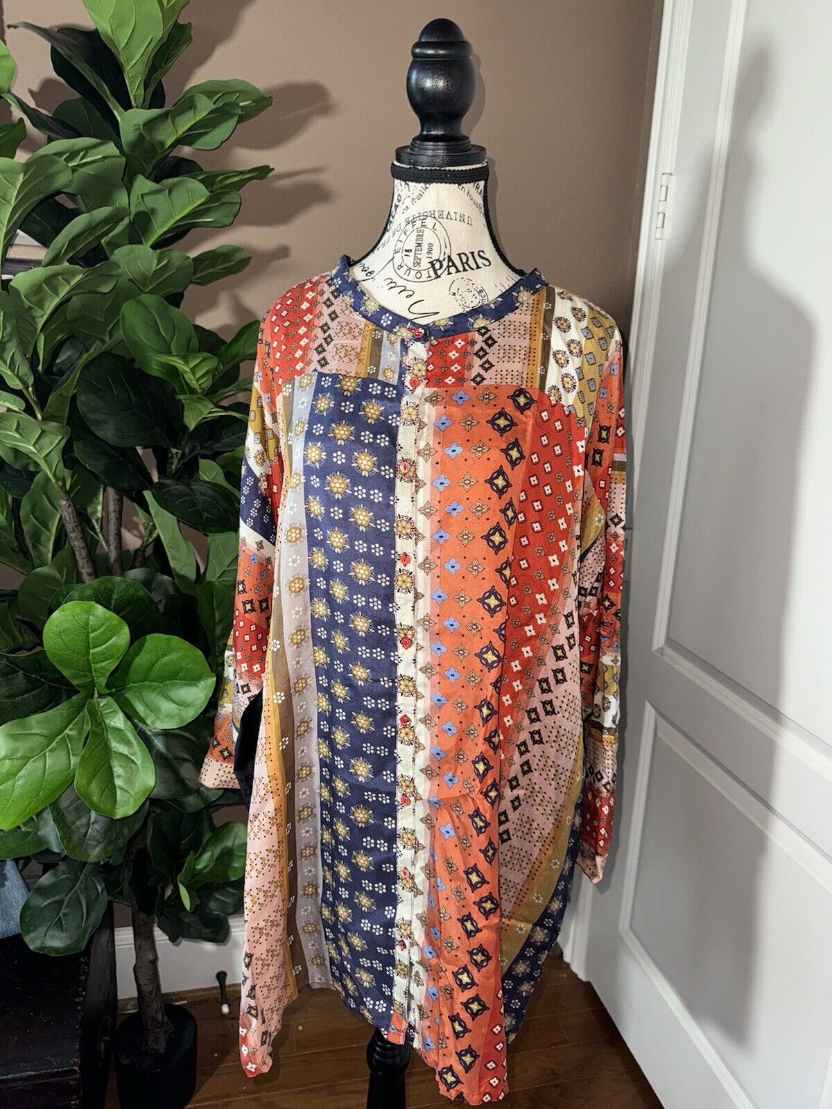 Johnny Was 3X 3XL 100% Silk Tunic Top Kimono Sleeves Button Up