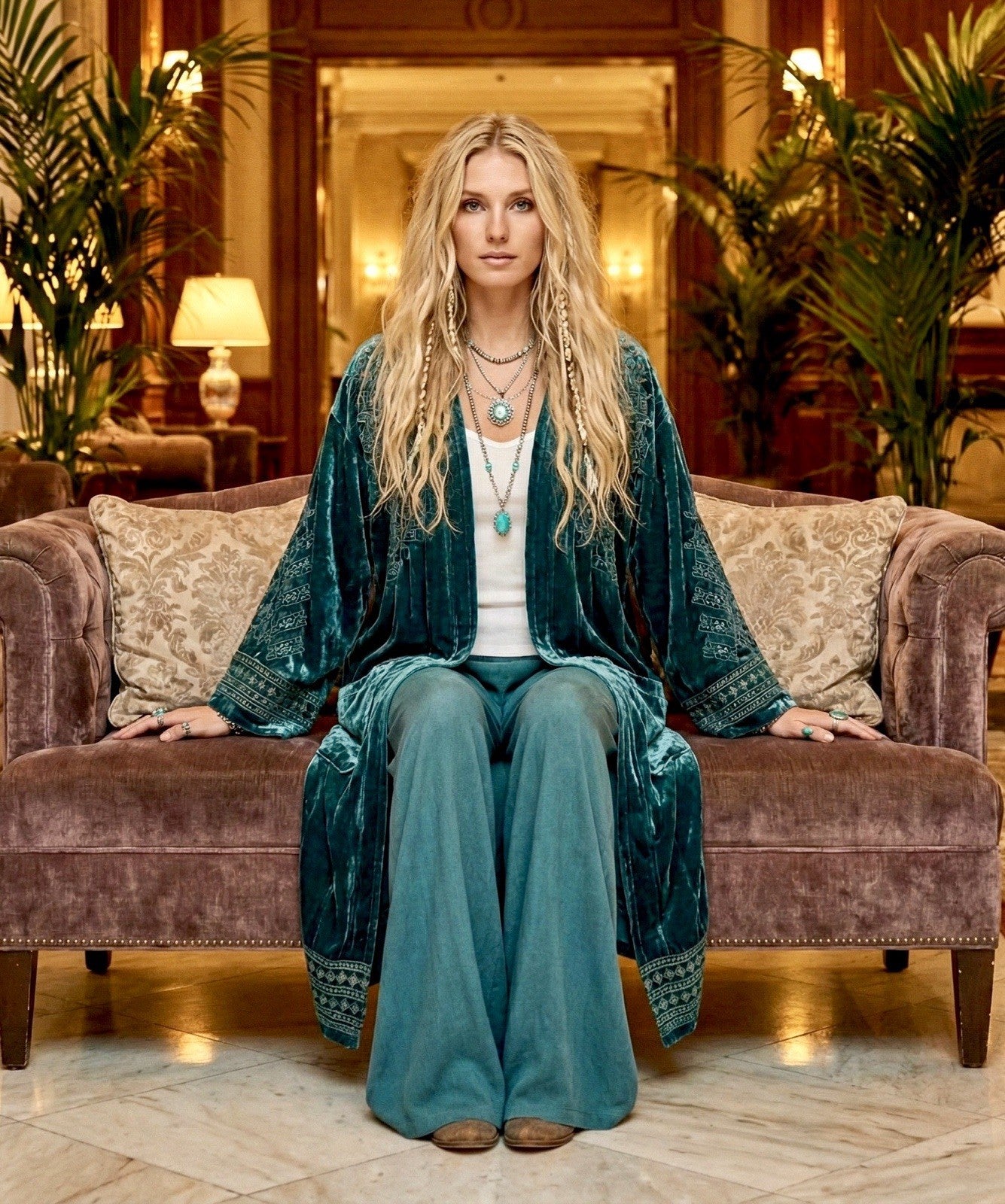 Johnny Was Jade L Large Velvet Long Kimono Duster Wrap Green Coat Embroidery Johnny Was