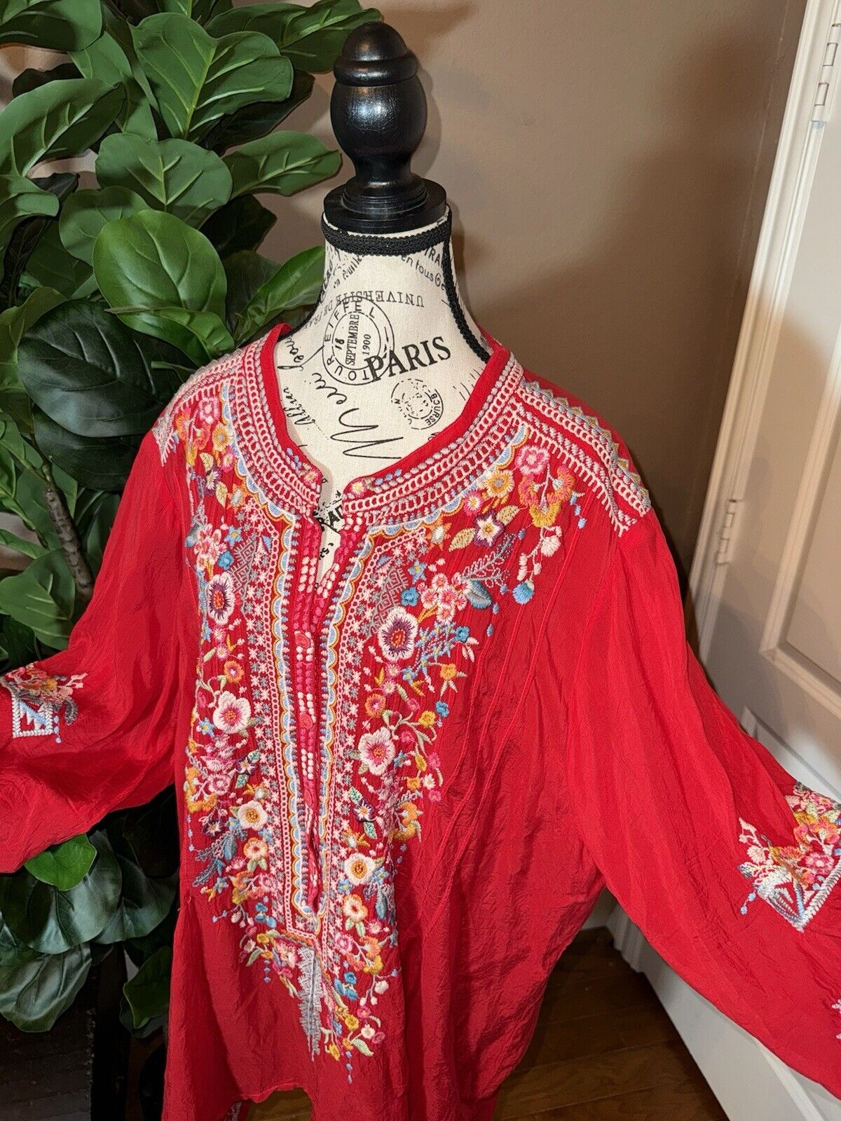 Johnny Was 3x 3XL Tunic Top Red Silky Handkerchief Hem Peasant Blouse