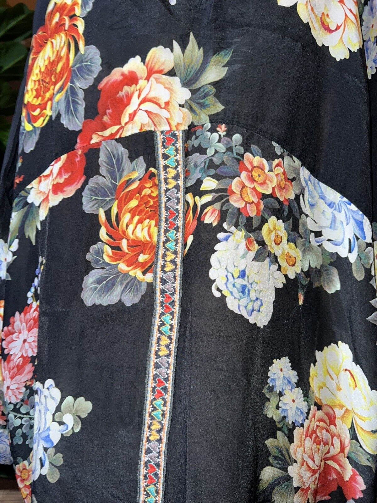 Johnny Was Silky Kimono Heavily Embroidered Trim Sz L Large Pockets Floral Black