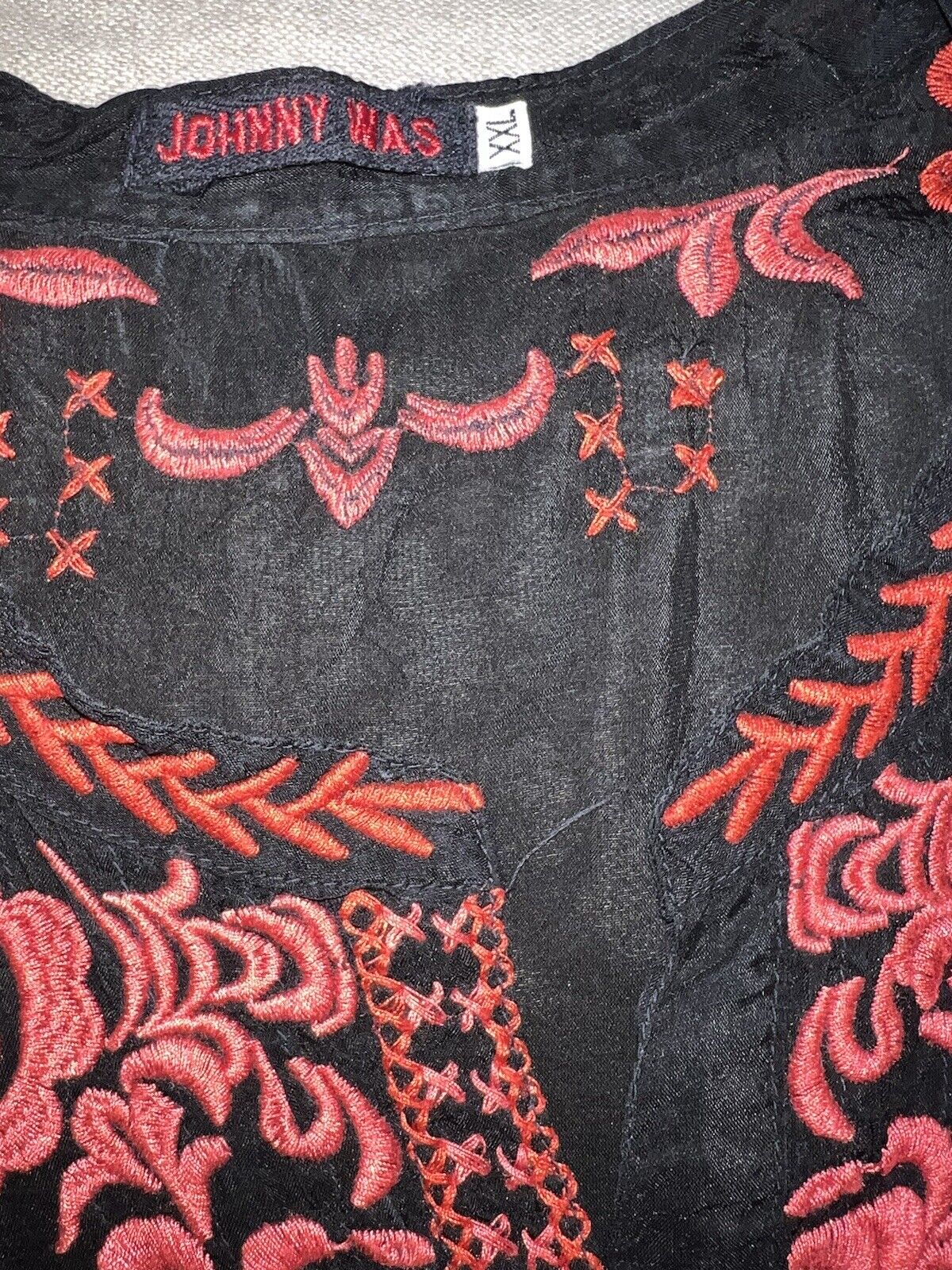 Johnny Was Silky Top Long Sleeve Button Up XXL 2X Gorgeous Black & Red Tunic