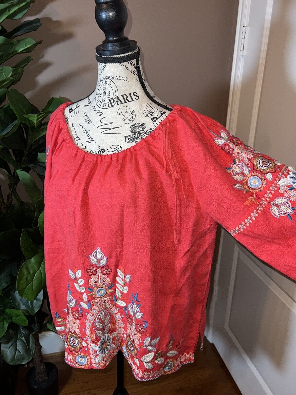 Johnny Was XL 1X 1XL Linen Kimono Sleeve Peasant Top Floral Embroidered