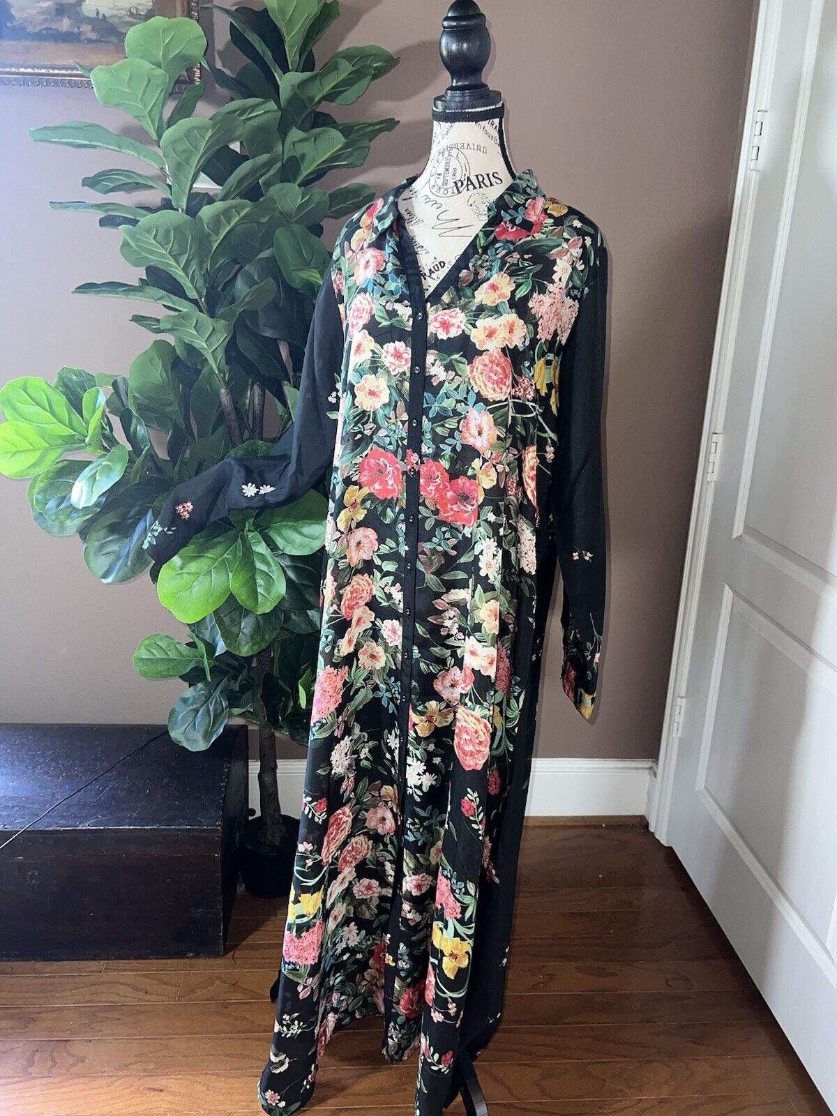 Johnny Was 100% Silk Black Sz L Large Maxi Dress Long Button Up