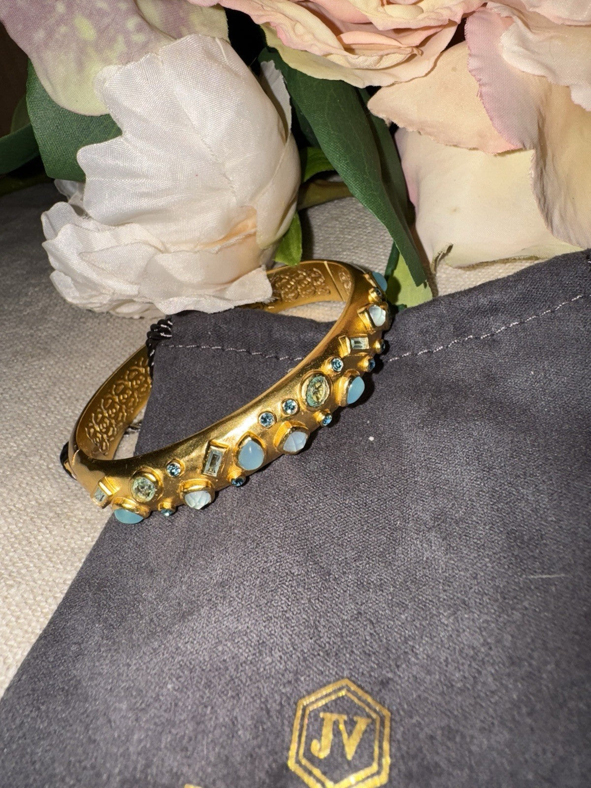 Julie Vos Hinged Bangle Bracelet Blue Iridescent Stones 24k Plated Julie Vos