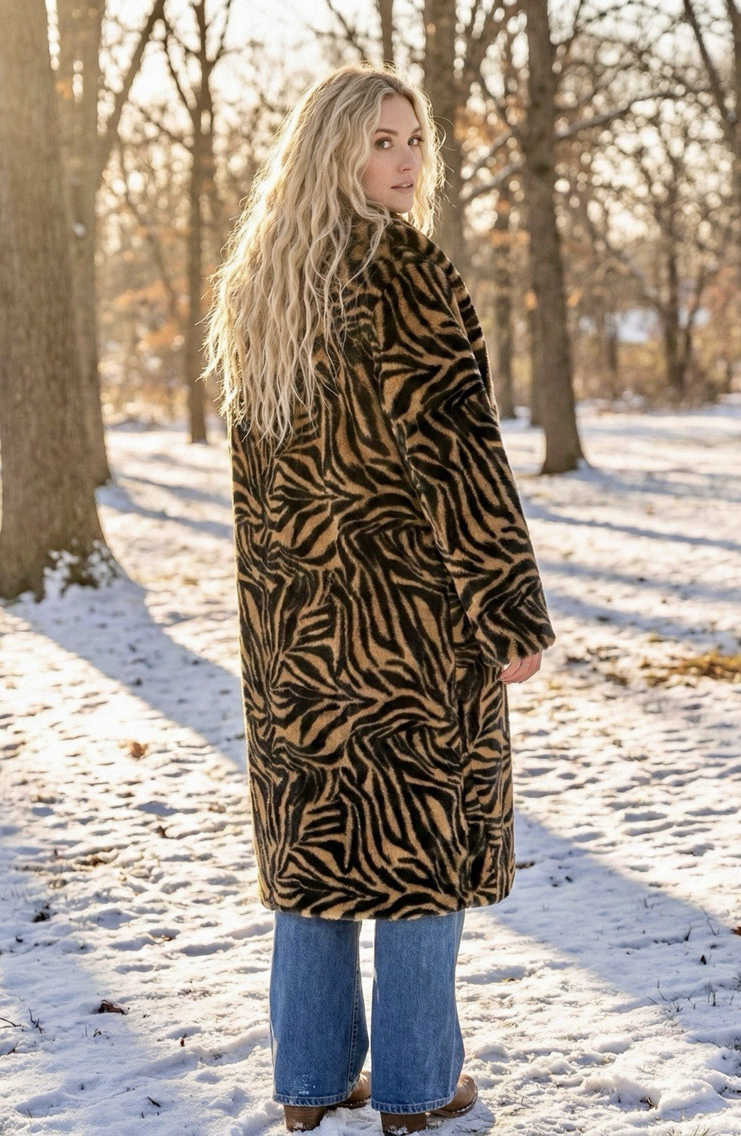 Johnny Was XL Faux Fur & Silk Tiger Stripe Long Length Coat Jacket Wrap Johnny Was