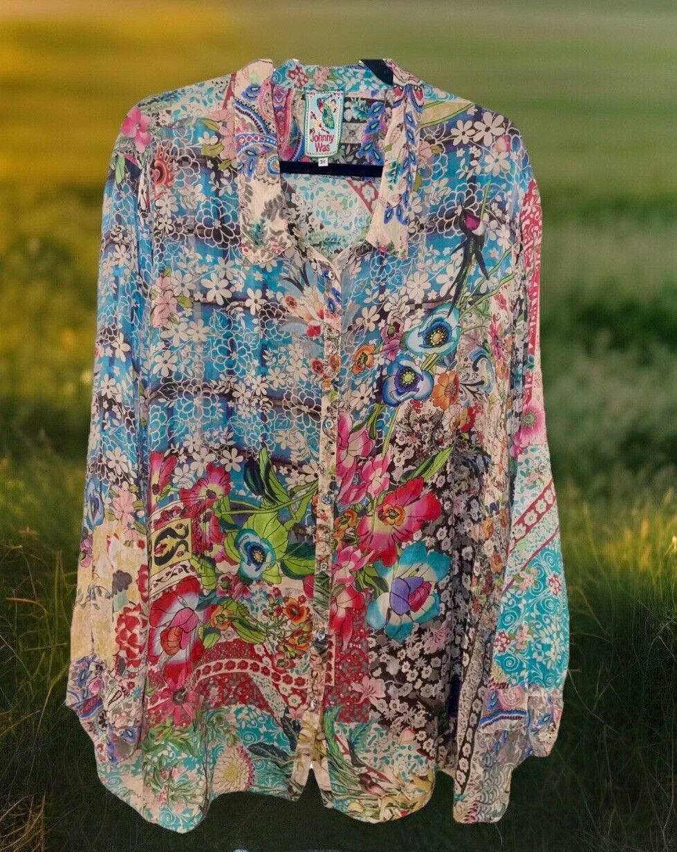 Johnny Was 3X Silky Blouse Top Long Sleeve Shirt Button Up Gorgeous Floral Tunic