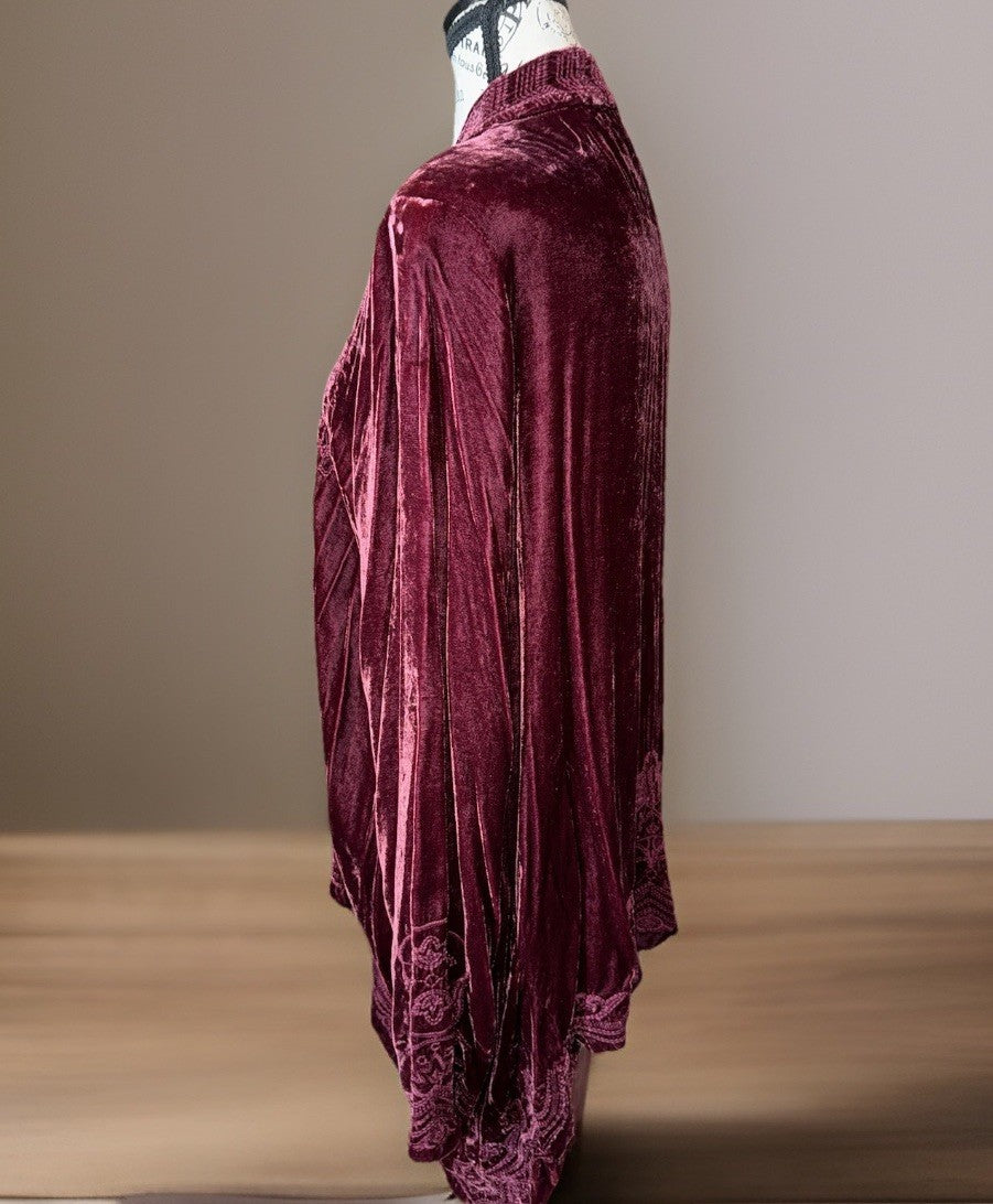 Johnny Was L Large Deep Wine Red Velvet Kimono Wrap Cardigan Tonal Embroidery Johnny Was