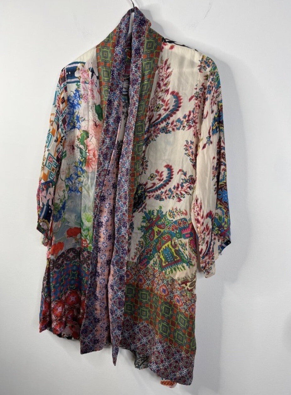 Johnny Was L Silky Kimono Wrap Patchwork Duster Jacket Cool Lightweight BOHO Johnny Was